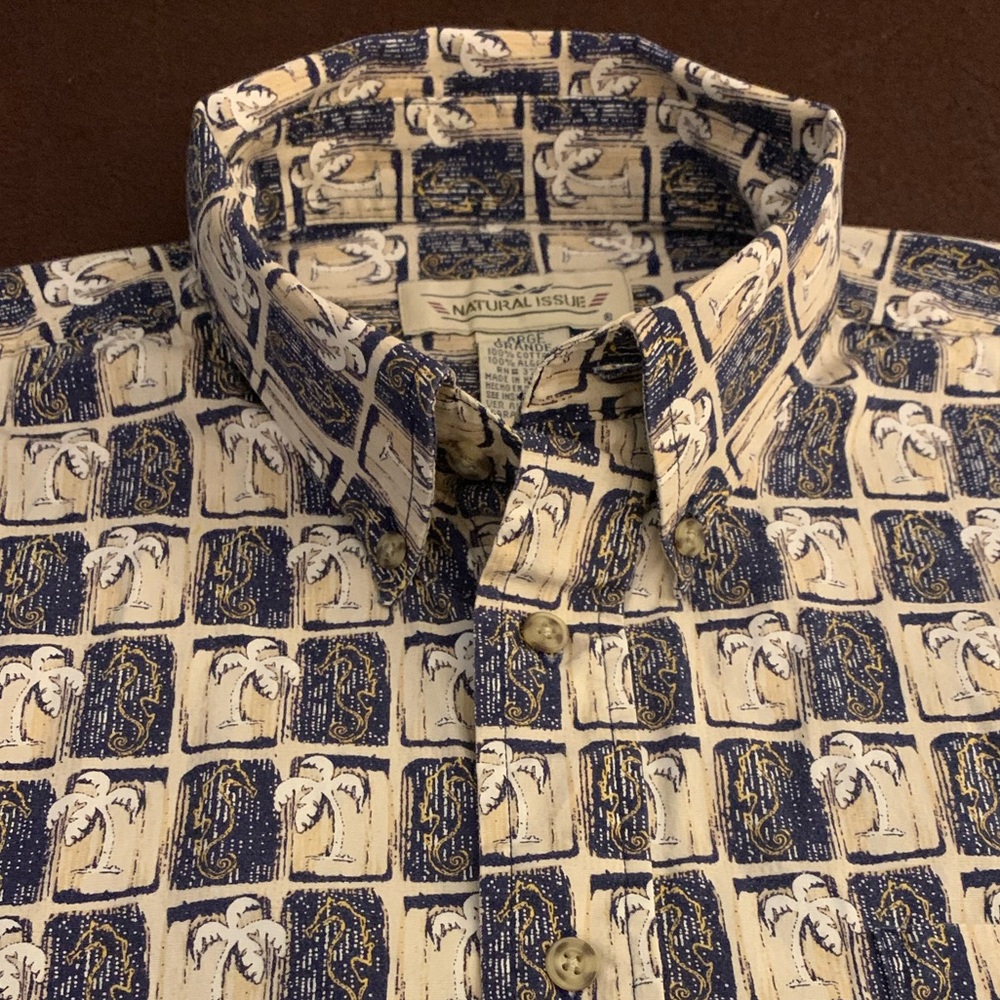 NATURAL ISSUE SS All Cotton Tan & Navy Palm Print Shirt